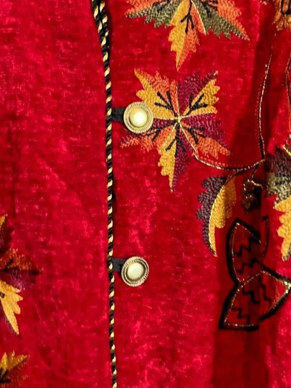 Vintage Maggie Barnes Red Embroidered Jacket 1X Art To Wear Gold Trim Holiday